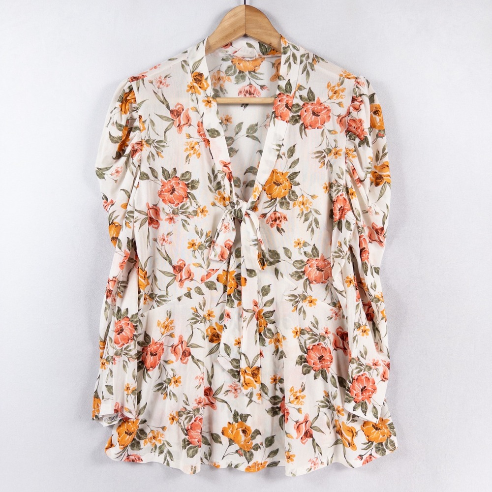 Ember Women Blouse XL White Floral Tie Front Peplum Puffed Sleeve Romantic Sheer
